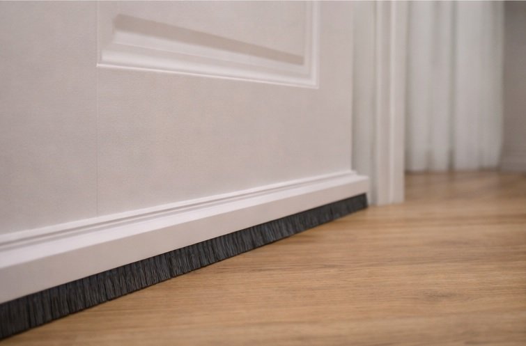 Un bas de porte brosse réduit efficacement cette fuite sonore.