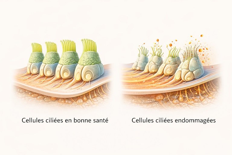 Schéma des cellules ciliées saines et endommagées