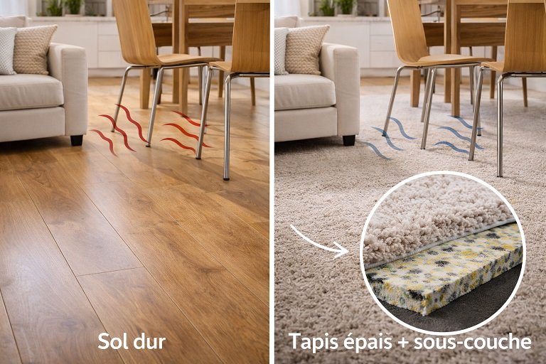 Un tapis + une sous-couche absorbante = votre meilleur allié contre les bruits d'impact du sol
